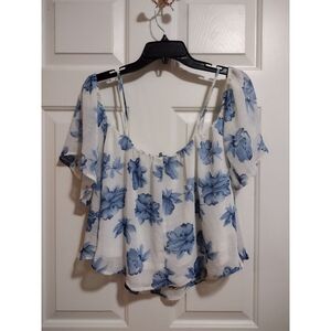 Charlotte Russe Floral Blue/White Off Shoulder flounce top Small
